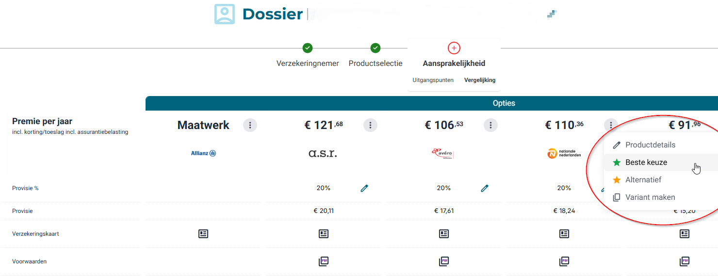De optie Beste keuze in het Verzekerportaal Schade